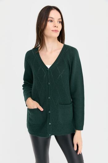 Desen Triko Green V-Neck Seamless Baklaval Women's Wool Cardigan