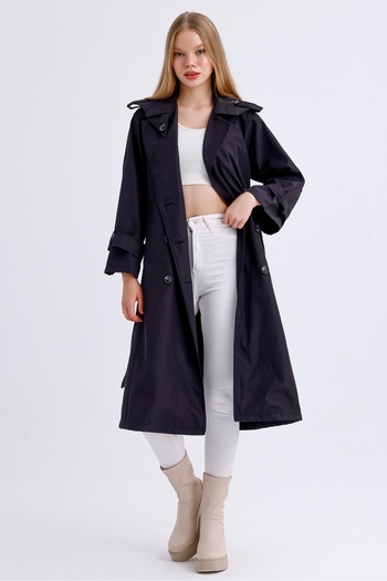 MD trend Women's Belted Collar and Sleeve Detailed Pocket Unlined Seasonal Double Breasted Trench Coat