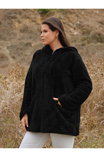 ModaSehle Women's Large Size Long Sleeve Pocket Hooded Zippered Plush Cardigan Jacket