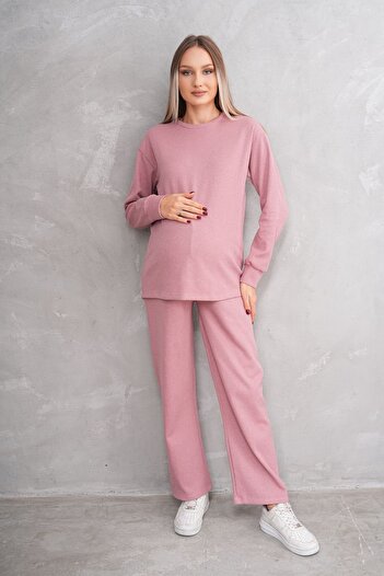 Miss Dünya Lissa Pregnant and Maternity Crew Neck Waffle Fabric Top and Bottom Tracksuit Set