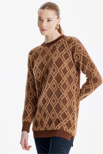Tığ Triko Coffee Color Patterned Crew Neck Knitwear Tunic