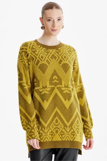 Tığ Triko Olive Patterned Crew Neck Knitwear Tunic