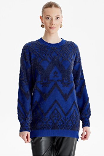 Tığ Triko Saks Blue Patterned Black Knitwear Tunic - Crew Neck