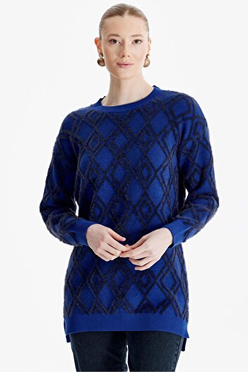 Tığ Triko Saks Blue Patterned Black Knitwear Tunic - Crew Neck