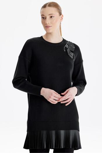 Tığ Triko Black Pleated Leather Knitwear Tunic