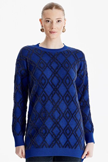 Tığ Triko Saks Blue Patterned Black Knitwear Tunic - Crew Neck