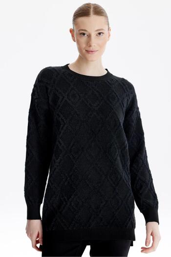 Tığ Triko Crew Neck Patterned Knitwear Tunic - Black