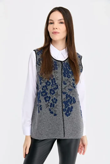 Desen Triko Smoke Colored Women's Wool Vest - Null Collar, Puppy Flower Pattern