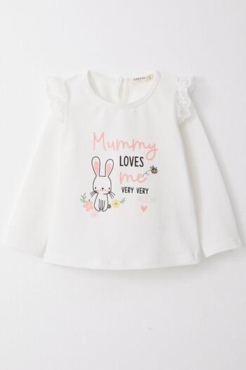 Breeze 9-3 Years Baby Girl Ecru T-Shirt - Long Sleeve, Laced, Rabbit Print