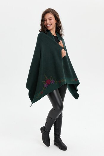 Desen Triko Green Three Floral Embroidered Women's Wool Shawl