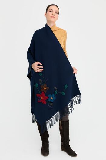 Desen Triko Navy Blue Women's Knitted Shawl - Floral Embroidered and Tassel