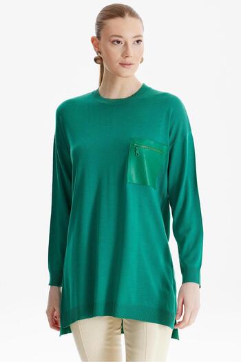 Tığ Triko Green Knitwear Tunic - Leather Pocket Detail