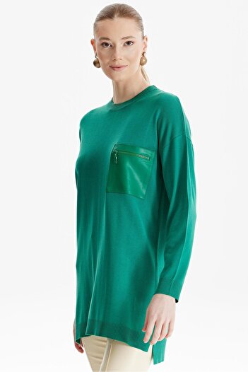 Tığ Triko Green Knitwear Tunic - Leather Pocket Detail