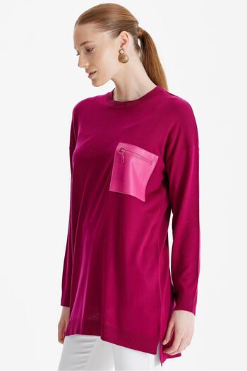 Tığ Triko Fuchsia Knitwear Tunic - Leather Pocket Detail