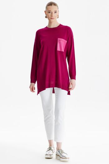 Tığ Triko Fuchsia Knitwear Tunic - Leather Pocket Detail
