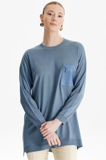 Tığ Triko Grey Blue Knitwear Tunic - Leather Pocket Detail