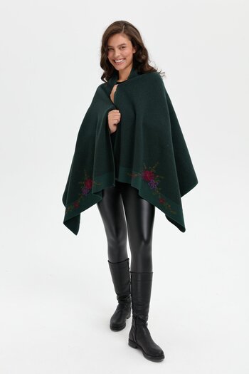 Desen Triko Green Three Floral Embroidered Women's Wool Shawl