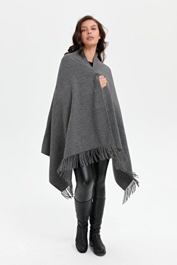 Desen Triko Melange Women's Shawl - Floral Embroidered Middle