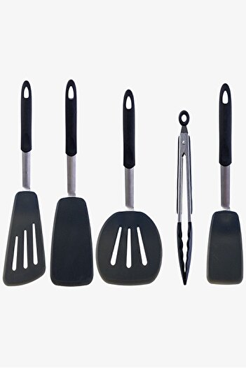 valletta Heat Resistant Fireproof Non-Stick Silicone, Stainless Steel Spatula Set 5 Pieces Black