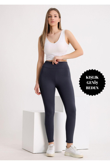 BANEGA Curve Large Size Ribbed Raised Women's High Waist Recovery Navy Blue Winter Leggings