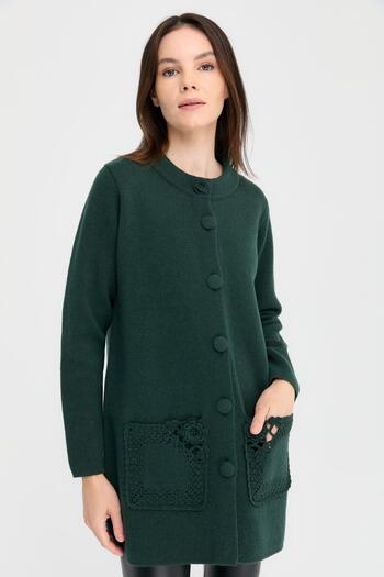Desen Triko Green Women's Wool Cardigan - Stand Collar Araboy