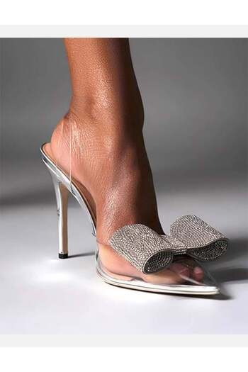 Giydim Gidiyor Alona Crystal Stone Heeled Transparent Stiletto Silver