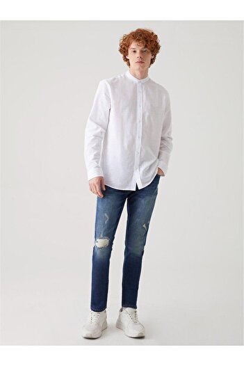 Ltb Linen Look High Collar White Shirt
