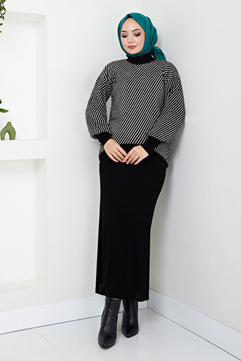 ModaMerve Black Striped Knitwear Set - 9003Uz1029-M
