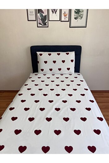 Touch Amour Single Elastic Sheet Set - Burgundy Heart Pillowcase