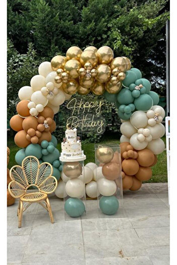 Çemrek Süs Parti Sage Green Sea Sand Gold Chrome Caramel Balloon Chain Set of 100