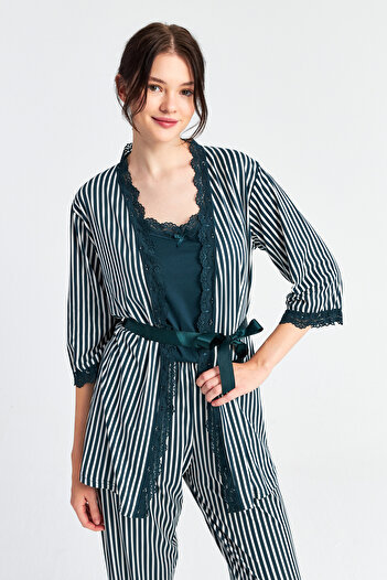 Ecrou Women's Emerald Stripe Dressing Gown Trousers 3-Piece Pajama Set