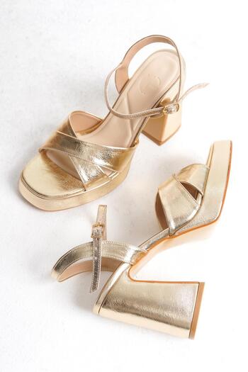 Modabuymus Sahra Gold Gold High Thick Platform Heeled Evening Dress Shoes
