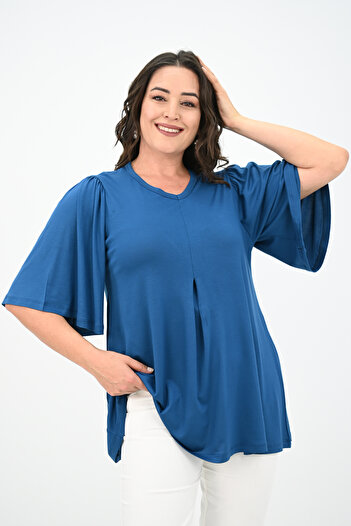 ADROM Women's Plus Size Pleated V-Neck Blouse 1847-25