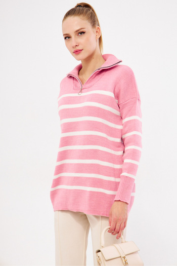 armonika Women's Powder Zipper Detailed Striped Knitwear Sweater Arm-25K 069007