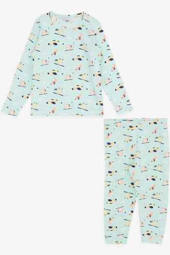 Macawi Kız Çocuk Pijama Takımı Renkli Helikopter Desenli 1.5-5 Yaş, Su Yeşili