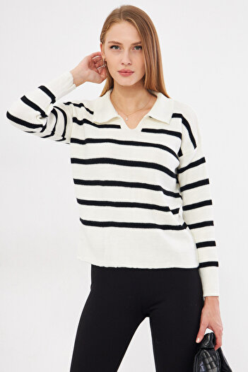 armonika Women's Ecru Striped Polo Neck Knitwear Sweater ARM-22Y012006