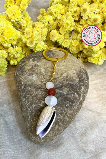 Uretti Handmade Natural Stone and Seashell Detailed Keychain - Coral / Pink Quartz / Amethyst