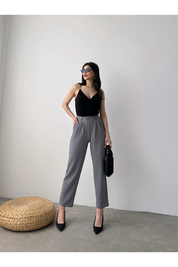 Fav Style Gray Carrot Women's Trousers with High Waist and Pleat Detail - Double Pocket