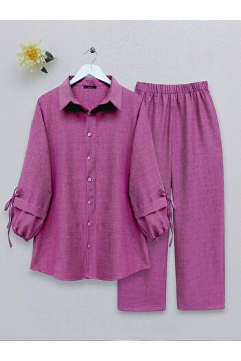 Modamorfo Double Suit with Elastic Sleeves and Lace Detail - Fuchsia