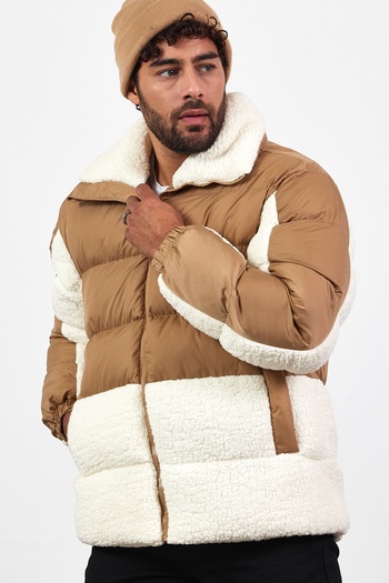 MADZEYMODA Ecru Mink Double Colored Thick Puffer Jacket with Plush Detail - Mz50638
