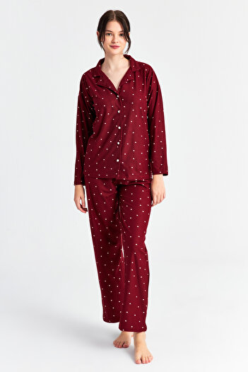 Ecrou Women's Burgundy Heart Long Sleeve Baby Collar Trousers Pajama Set