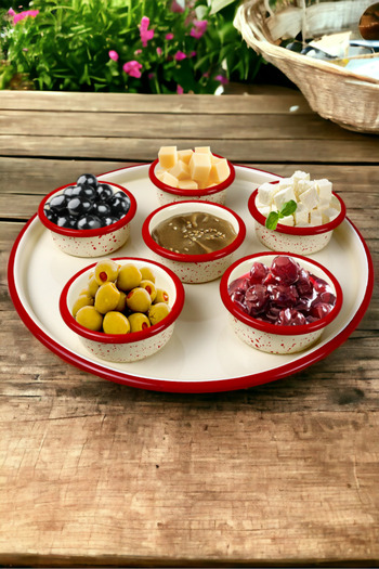 İnci Emaye 7 Piece Medium Size Enamel Breakfast Set - Presentation, Breakfast Plate, Jam, Olive, Cheese Plate