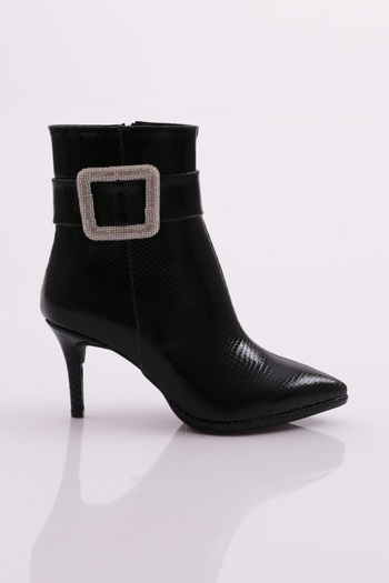 DGN Women's Square Buckle Heeled Boots Black Snake Metallic 435212821