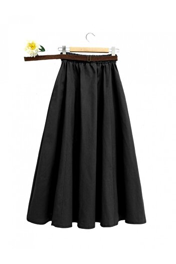 Modamorfo Black Gabardine Loose Skirt - Straw Belt, Matte