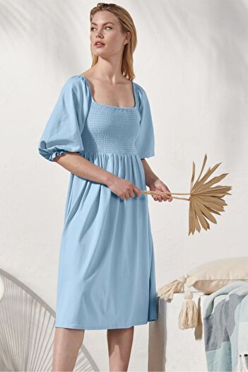 Tchibo Women Shirred Midi Dress, Light Blue