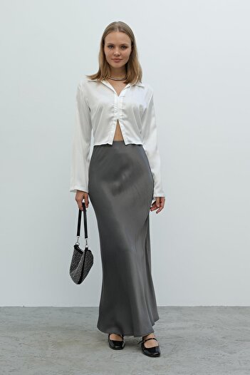 Le Savu Shılsee Women's Anthracite Satin Long Skirt