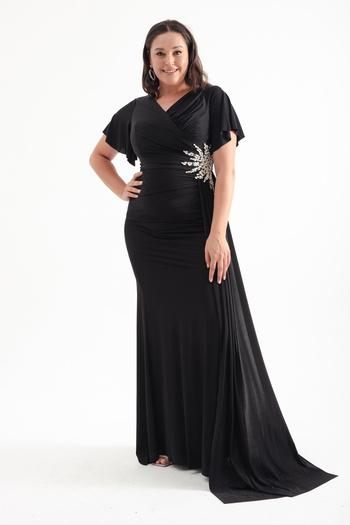 Lafaba : Black Stone Detail Double Breasted Collar Large Size Evening Dress