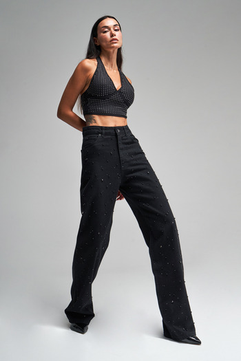 its basic Women's Black Color Doris Shiny Stone Straigh Fit Design Denim