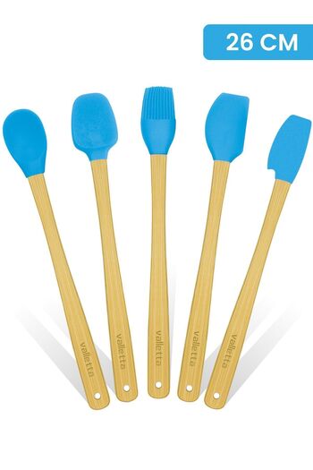 valletta Indigo 5-Piece Turquoise Bamboo Silicone Spatula Set - Long 26 cm