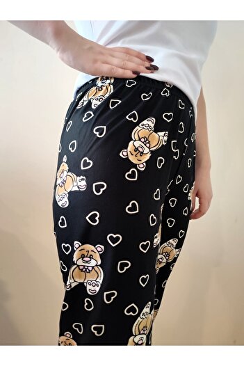 enmodaiçgiyim Black Teddy Bear Patterned Suede Women's Pajama Bottoms